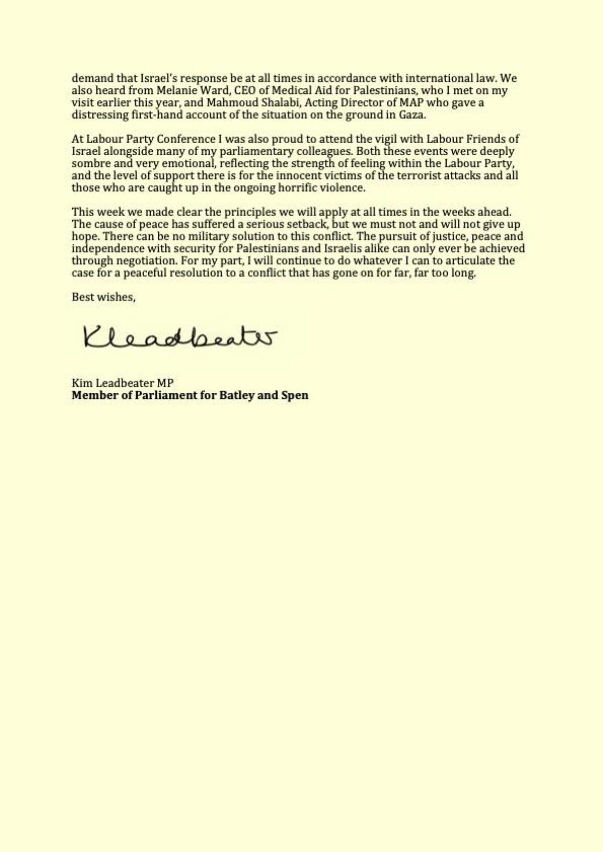 Kim Leadbeater MBE MP statement on Israel and Gaza 12 October 2023