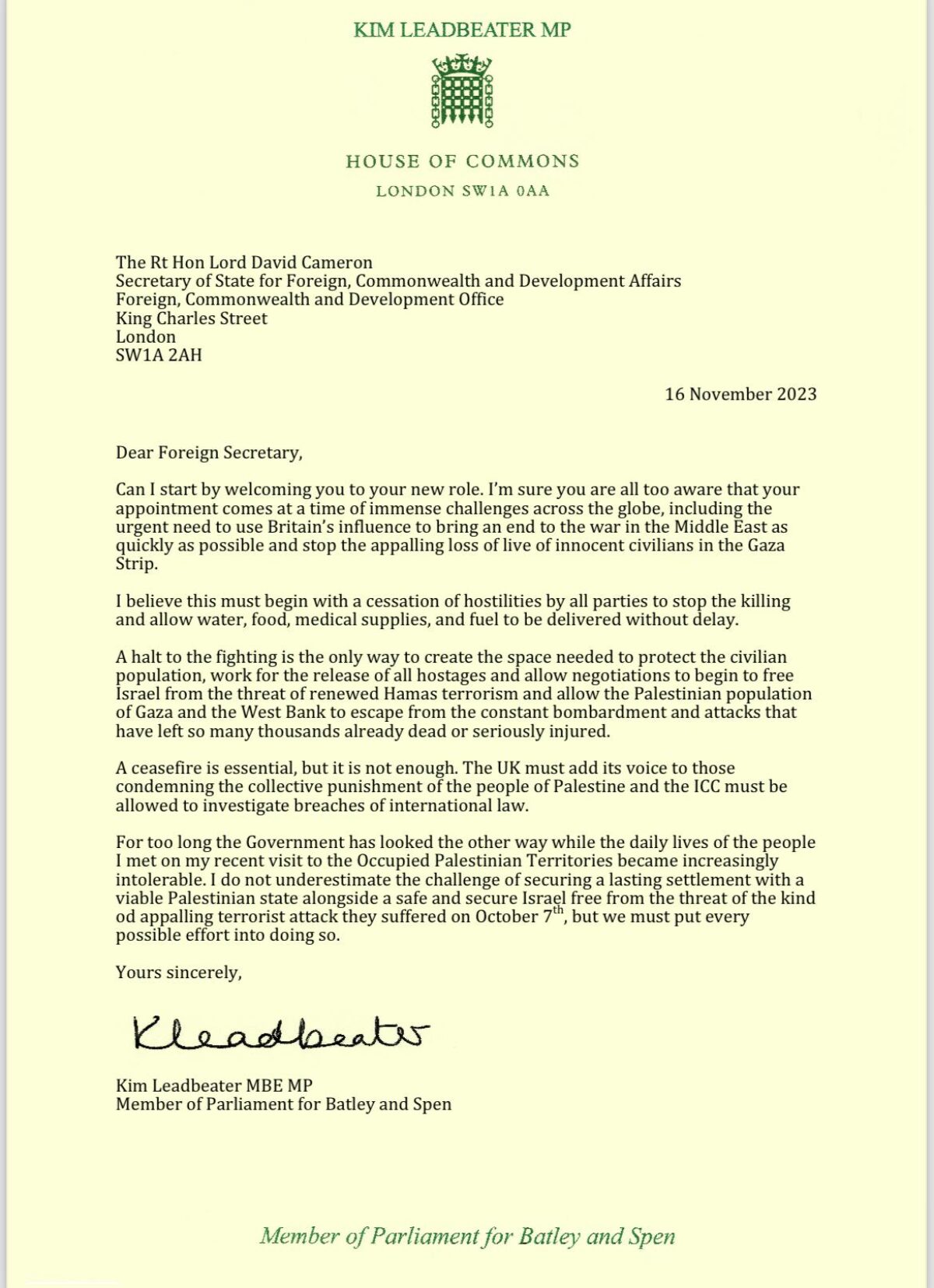 Letter to Lord Cameron