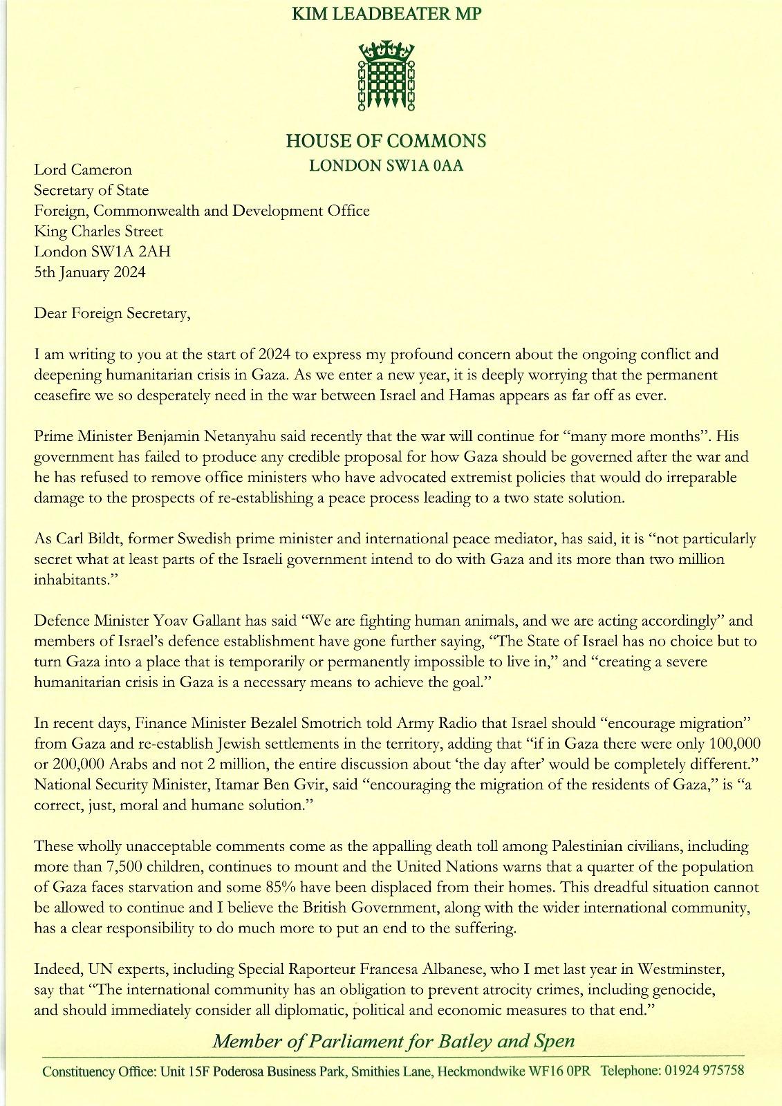 Letter to Foreign Sec 5 January 2024